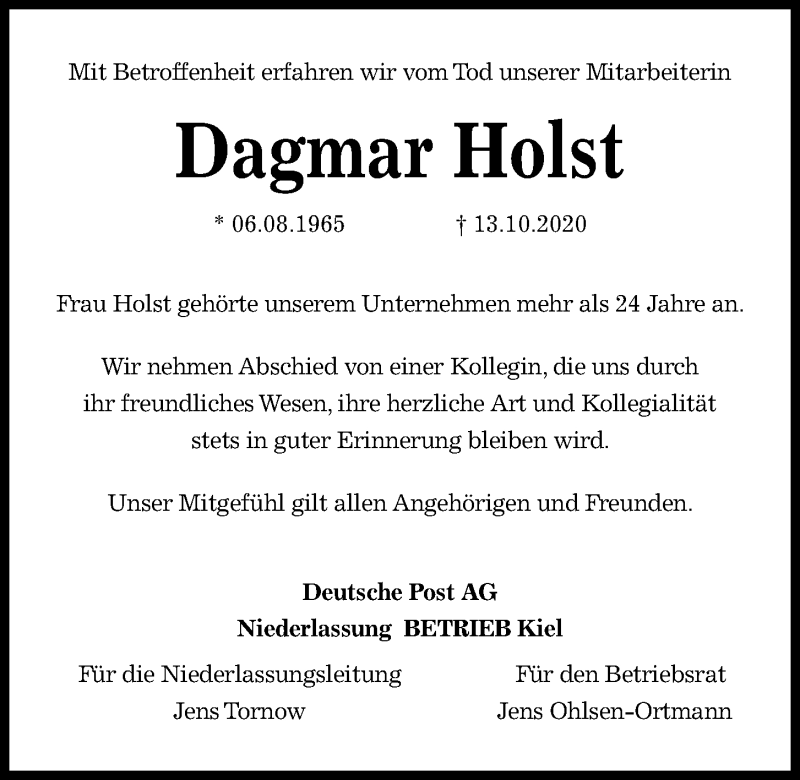  Traueranzeige für Dagmar Holst vom 17.10.2020 aus Kieler Nachrichten