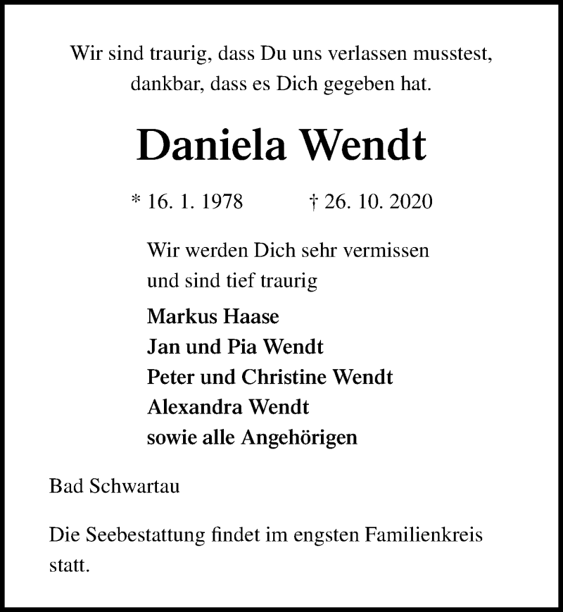  Traueranzeige für Daniela Wendt vom 31.10.2020 aus Lübecker Nachrichten