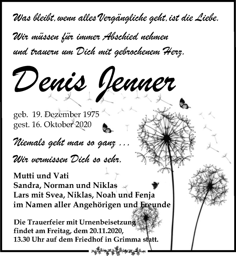  Traueranzeige für Denis Jenner vom 24.10.2020 aus Leipziger Volkszeitung