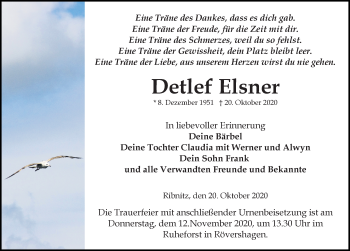 Traueranzeige von Detlef Elsner von Ostsee-Zeitung GmbH