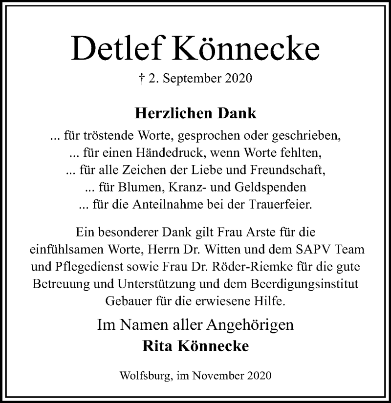  Traueranzeige für Detlef Könnecke vom 30.10.2020 aus Aller Zeitung