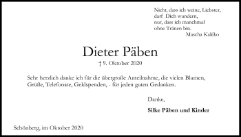 Traueranzeige von Dieter Päben von Kieler Nachrichten