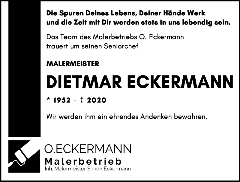  Traueranzeige für Dietmar Eckermann vom 17.10.2020 aus Göttinger Tageblatt