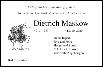 Traueranzeige von Dietrich Maskow von Lübecker Nachrichten