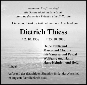 Traueranzeige von Dietrich Thiess von Lübecker Nachrichten