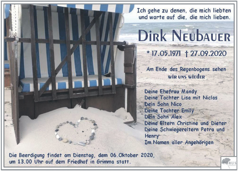  Traueranzeige für Dirk Neubauer vom 02.10.2020 aus Leipziger Volkszeitung