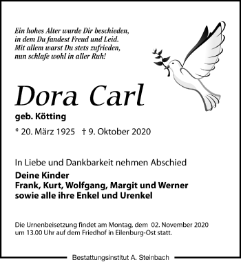 Traueranzeige von Dora Carl von Leipziger Volkszeitung