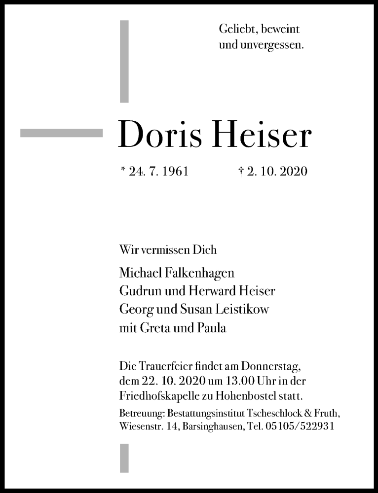  Traueranzeige für Doris Heiser vom 17.10.2020 aus Hannoversche Allgemeine Zeitung/Neue Presse