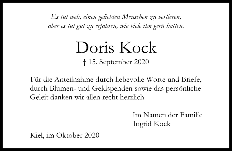  Traueranzeige für Doris Kock vom 17.10.2020 aus Kieler Nachrichten