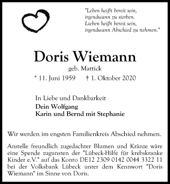 Traueranzeige von Doris Wiemann von Lübecker Nachrichten