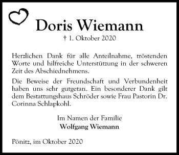 Traueranzeige von Doris Wiemann von Lübecker Nachrichten