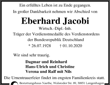 Traueranzeige von Eberhard Jacobi von Hannoversche Allgemeine Zeitung/Neue Presse