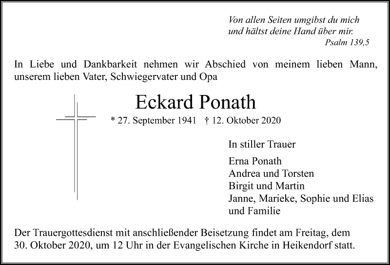  Traueranzeige für Eckard Ponath vom 17.10.2020 aus Kieler Nachrichten