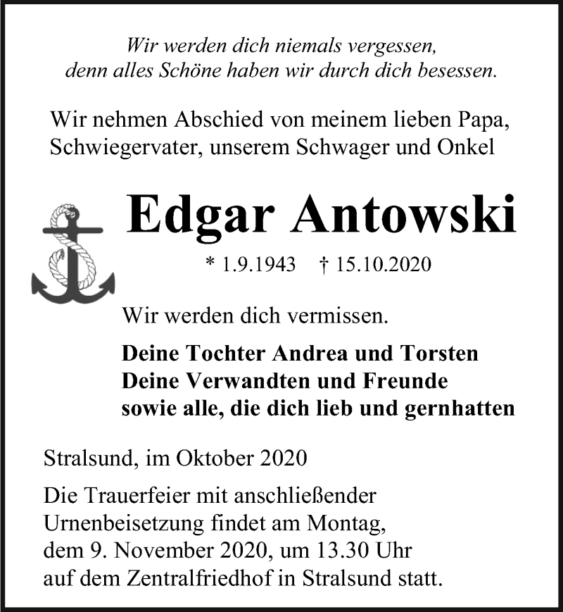  Traueranzeige für Edgar Antowski vom 24.10.2020 aus Ostsee-Zeitung GmbH