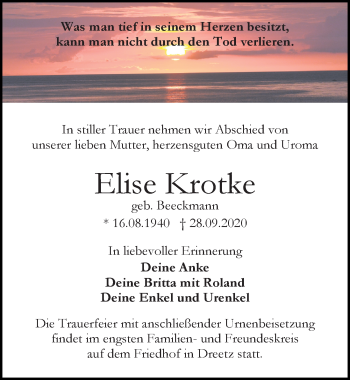 Traueranzeige von Elise Krotke