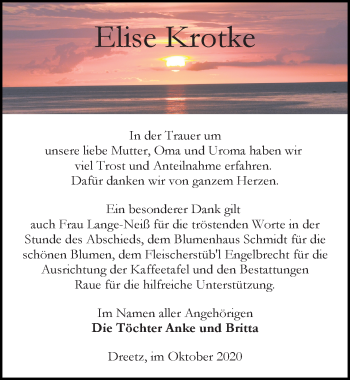 Traueranzeige von Elise Krotke