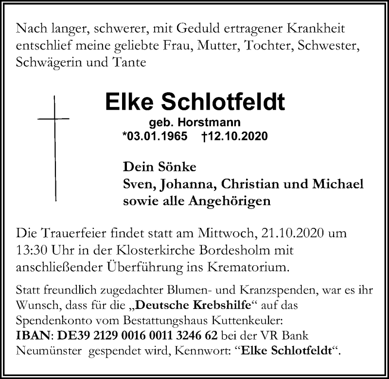  Traueranzeige für Elke Schlotfeldt vom 17.10.2020 aus Kieler Nachrichten