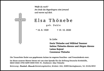 Traueranzeige von Elsa Thönebe von Hannoversche Allgemeine Zeitung/Neue Presse