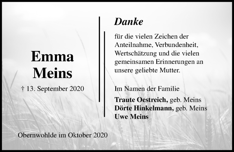  Traueranzeige für Emma Meins vom 03.10.2020 aus Lübecker Nachrichten