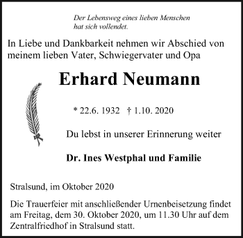 Traueranzeige von Erhard Neumann von Ostsee-Zeitung GmbH