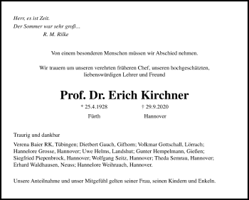 Traueranzeige von Erich Kirchner von Hannoversche Allgemeine Zeitung/Neue Presse