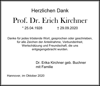 Traueranzeige von Erich Kirchner von Hannoversche Allgemeine Zeitung/Neue Presse