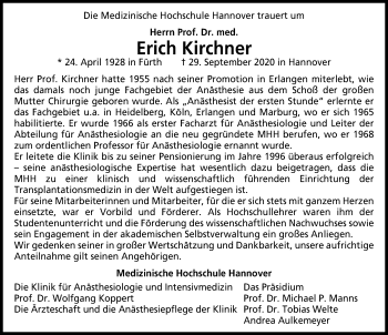 Traueranzeige von Erich Kirchner von Hannoversche Allgemeine Zeitung/Neue Presse