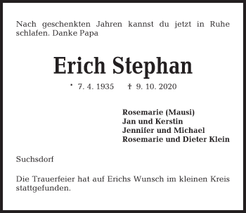 Traueranzeige von Erich Stephan von Kieler Nachrichten