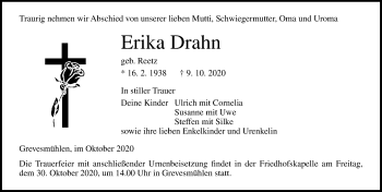 Traueranzeige von Erika Drahn von Ostsee-Zeitung GmbH