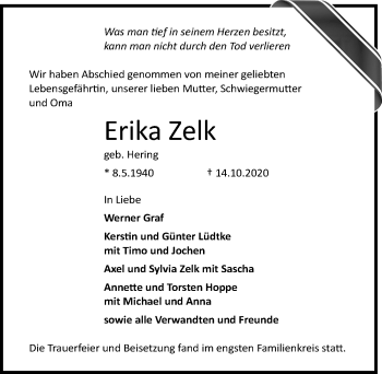 Traueranzeige von Erika Zelk von Lübecker Nachrichten