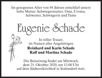 Traueranzeige von Eugenie Schade von Märkischen Allgemeine Zeitung