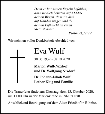 Traueranzeige von Eva Wulf von Ostsee-Zeitung GmbH