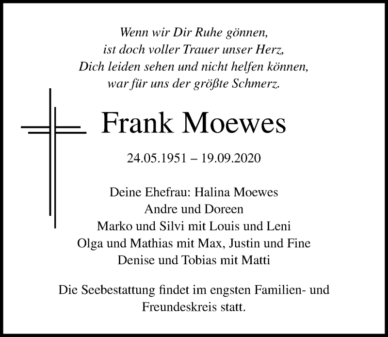 Traueranzeige für Frank Moewes vom 06.10.2020 aus Ostsee-Zeitung GmbH