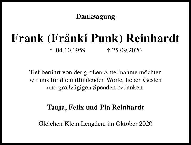  Traueranzeige für Frank Reinhardt vom 30.10.2020 aus Göttinger Tageblatt