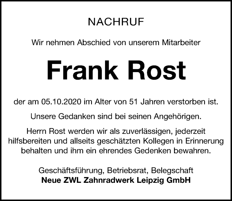  Traueranzeige für Frank Rost vom 17.10.2020 aus Leipziger Volkszeitung
