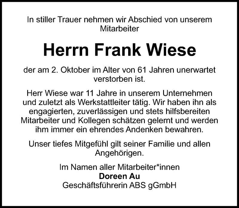  Traueranzeige für Frank Wiese vom 10.10.2020 aus Ostsee-Zeitung GmbH