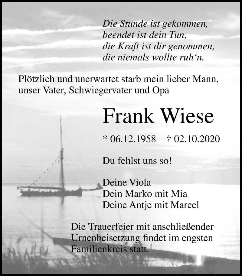  Traueranzeige für Frank Wiese vom 10.10.2020 aus Ostsee-Zeitung GmbH