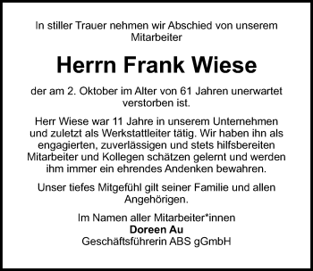 Traueranzeige von Frank Wiese von Ostsee-Zeitung GmbH