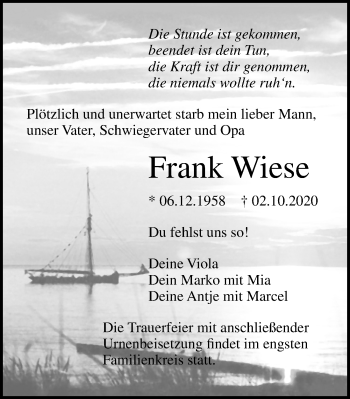 Traueranzeige von Frank Wiese von Ostsee-Zeitung GmbH