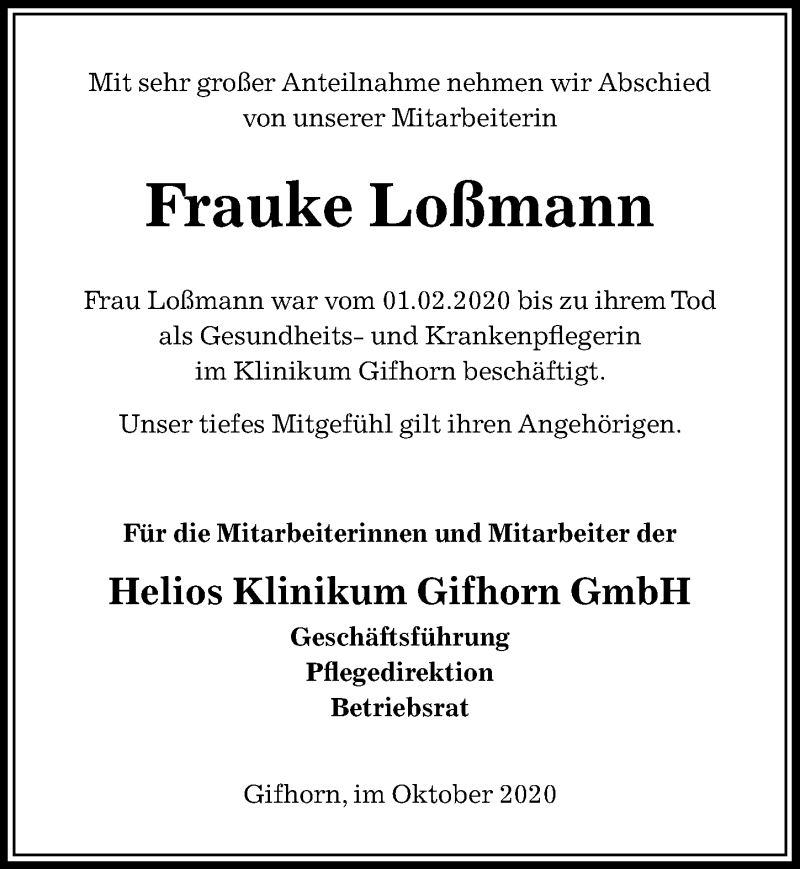  Traueranzeige für Frauke Loßmann vom 24.10.2020 aus Aller Zeitung