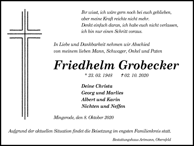  Traueranzeige für Friedhelm Grobecker vom 08.10.2020 aus Eichsfelder Tageblatt