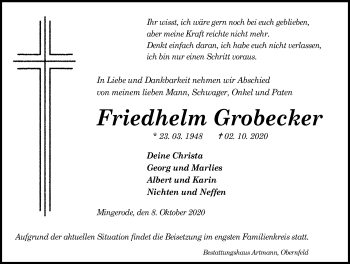 Traueranzeige von Friedhelm Grobecker von Eichsfelder Tageblatt