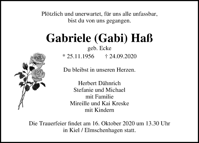  Traueranzeige für Gabriele Haß vom 11.10.2020 aus Lübecker Nachrichten