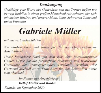 Traueranzeige von Gabriele Müller von Märkischen Allgemeine Zeitung