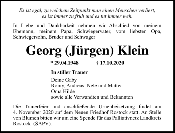 Traueranzeige von Georg Klein von Ostsee-Zeitung GmbH