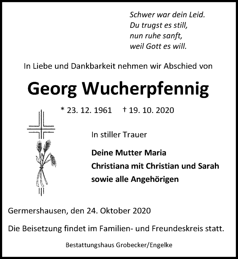  Traueranzeige für Georg Wucherpfennig vom 24.10.2020 aus Eichsfelder Tageblatt