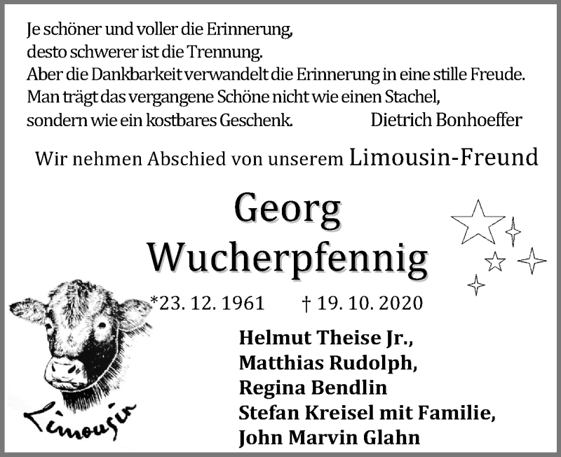  Traueranzeige für Georg Wucherpfennig vom 28.10.2020 aus Eichsfelder Tageblatt