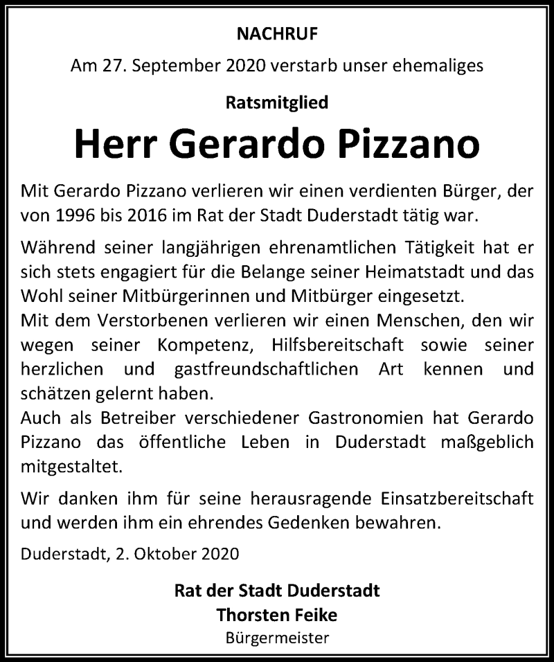  Traueranzeige für Gerardo Pizzano vom 02.10.2020 aus Eichsfelder Tageblatt