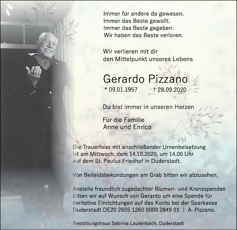  Traueranzeige für Gerardo Pizzano vom 02.10.2020 aus Göttinger Tageblatt
