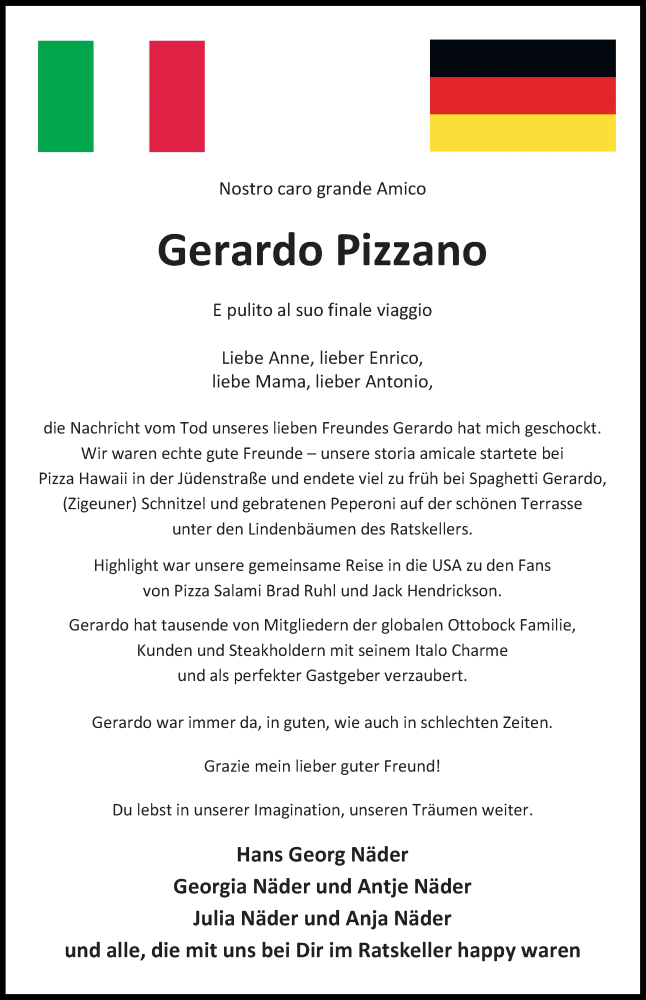  Traueranzeige für Gerardo Pizzano vom 10.10.2020 aus Eichsfelder Tageblatt